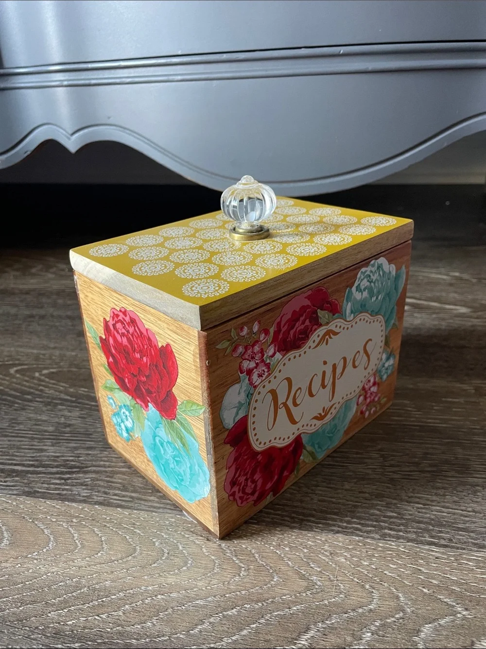 The Pioneer Woman Yellow Floral Recipe Box with Glass Knob